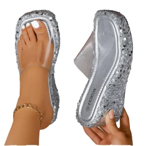 Spring Summer New Open Toe Square Head Platform Slippers Transparent High Heel Women’s Outdoor Sequin Sandals Rubber