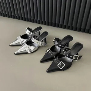 Spring Summer New Pointed Belt Buckle Women’s Latest Design High Quality Pointed Toe Sexy Slippers Shoes