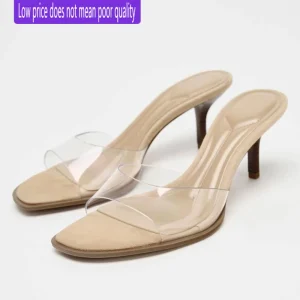 Spring Summer New Sexy Transparent PVC Women’s High Heel Chunky Heel Slip On Open Toe Mules