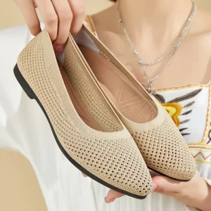 Spring Summer New Solid Color Pointed Toe Flat Heel Soft Sole Slip-On Loafers, Women’s Hollow Knitted Rubber Mesh Lining