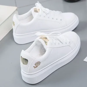 Spring Summer New Women’s Lace Up PU Leather Breathable Sporty Casual Floral Sneakers Student White INS Low Top