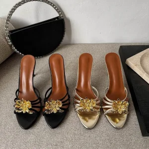 Spring Summer New Women’s Metal Floral Stiletto Heels Slip On Open Toe Backless Mules Elegant High Slides Party Daily