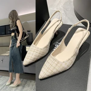Spring Summer Tweed Pointed Toe Light Weight Slip-On Thin Slingback Office Dress Shoes Heel for Women and Ladies
