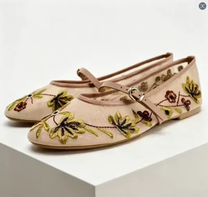 Spring Summer Women’s Fashionable Floral Embroidery Mesh Fabric Ballet Flat Shoes Rubber Outsole Buckle