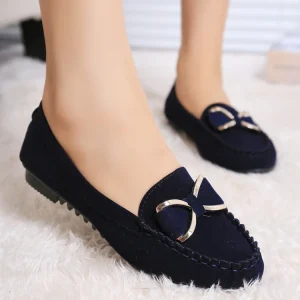 Spring Women’s Flat Heel Bow Loafers Slip-On Solid Casual Shoes for Driving & Work