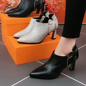 Spring Women’s Shoes Heeled Boots Fashion Heels for Ladies Shoes Low-fronted Pointed-toe Zipper Shoes for Women Boots