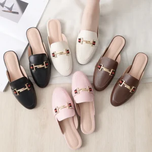 Spring and Autumn New Flat Outer Wear Muller Shoes Women’s Korean Round Head Fashion Design Black Slippers