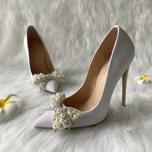 Spring and Autumn Pearl Rhinestone Bow High Heel Wedding Shoes Large Size Women’s Single Shoes