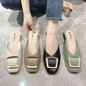 Square Half Slippers Women Fashion Outside Wearing Flip flops New Muller Flat Head Lazy Shoes
