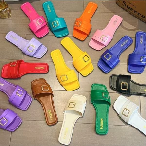 Square Head Metal Buckle Comfortable Anti Slip Multi Color Sandals A12 Large Flat Bottomed Women’s Home Slippers