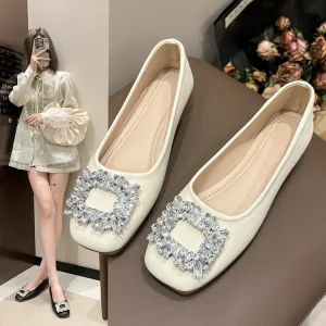 Square Head Shallow Mouth Women’s Solid Bean Shoes Autumn Box All-match Fashionable Soft Bottom Non-slip Slip-on Loafers