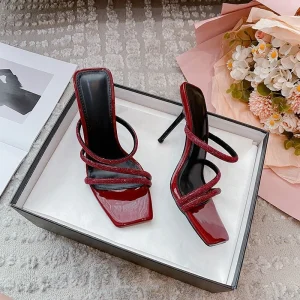 Square Headed Patent Leather One Word Strap Slippers New Summer Rhinestones Stiletto High Heels Sexy Women’s Open Toed Sandals