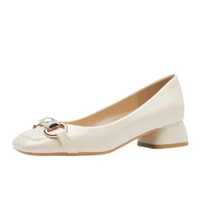 Square Metal Buckle Rhinestones Thick Heel Women’s Shoes With Simple Temperament Shallow Mouth Women’s Single Shoes