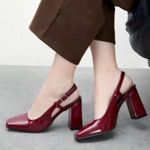 Square Toe Burgundy Patent Block Heel Slingback Ankle Strap Women’s High Heel Pumps Evergreen Outdoor Sexy