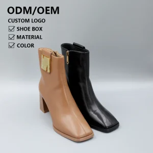 Square Toe Chunky Heel Women’s Autumn Winter Short Boots Fashion Zipper Genuine Leather Boots for Ladies