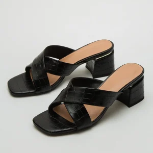 Square Toe Elegant Middle Chunky Heels Black Women Mules Slippers Shoes