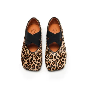 Square Toe Genuine Leather Leopard Print Handmade Anti-Slippery Ballet Flats Flat Women’s Shoes