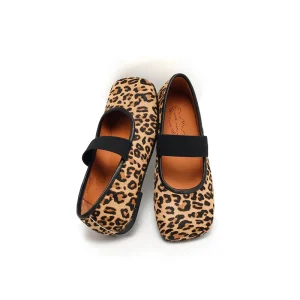 Square Toe Leopard Print Genuine Leather Handmade Anti-Slippery Closed Toe Ballet Flats Women’s Shoes