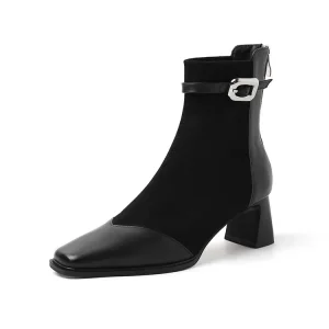 Square Toe Mid Block Heel Silver Buckle Strap Rear Zipper Short Boots