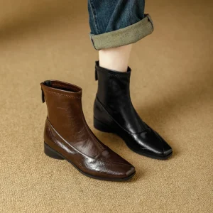Square Toe Soft Leather Ankle Boots Low Heel Women’s with Zip Fashion Boots Shoes for Women