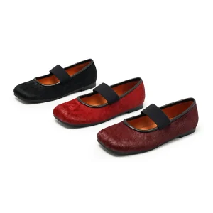 Square toe Genuine Leather Handmade Women’s Work Casual Flat Slip On Breathable Shoes with Rubber Outsole