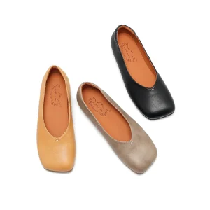 Square toe Genuine Leather Handmade Women’s Work Flats Casual Shoes with Rubber Outsole Breathable & Lightweight