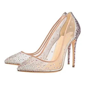Stiletto Heel Large Size Glitter Rhinestone Wedding Shoes Transparent Mesh Fashion Women’s Pumps Shoes