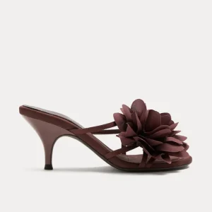Stiletto Heel Mules for Women Round Open Toe Slip on Heels Sandals with Big Flower Summer Dress Shoes