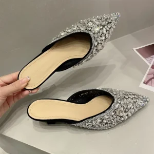 Stiletto Rhinestone Slippers Pointed Toe Women’s Versatile Mule Slippers Women’s Fashion