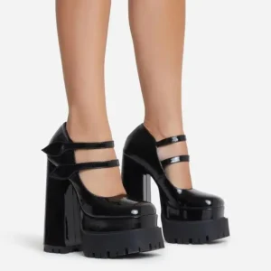 Strap Closed Toe Chunky Platform Block Heel Patent Pu Women Dress Shoes