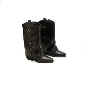 Street Style Slouchy Fold over Square Toe Boots Retro Crackle Leather Western Boots Edgy D Ring Knee High Footwear