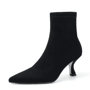Stretch Sock Ankle Boots Pointed Toe Rhinestone Glitter Stiletto Heel Slim Fit Short Booties