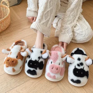 Stuffed Cozy Cow Slippers Women Gifts Winter Warm Plush Cartoon Animal Print Cow Home Slippers Fuzzy Fluffy