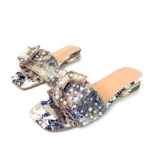 Style Square Head Animal Skin Bowknot Women’s Flat Slippers Pearl Half Drag Shoes Step on Loafers Ladies