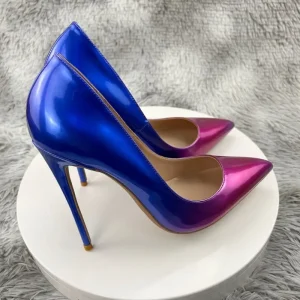 Stylish Gradient Color Women’s High Heels Pumps Pointed Toe Dress Shoes with Patchwork Design Thin Heels for Summer