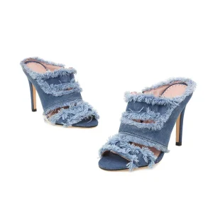 Stylish Mules Femme Blue Jean Heeled Pumps Large Size Peep Toe Denim Summer Slippers Women Thin High Heel Sandals Shoes