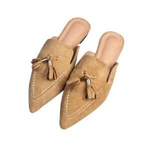 Stylish Tassel Decor Pointed Toe Suede Women’s Mule Slides Elegant Versatile