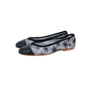 Stylish Women’s Ballet Flats Shoes Unique Floral Mesh Full Cushioned Insole Black Leather Combo Closed Toe Slip-On Flats