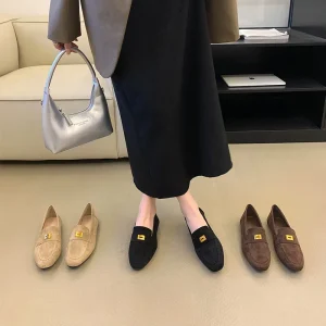 Suede Metal Square Buckle Loafers Women’s Designer Luxury Retro Comfortable Ladies Flat Shoes