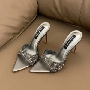 Summer Autumn Elegant Pointed Toe Peep Toe Stiletto Heel Strap Sandals Women’s Light Luxury Rhinestone