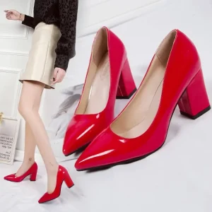 Summer Autumn Fashion Red PU Patent Leather Pointed Toe Thick Heel Adjustable Strap Low Cut Slip On Height Increasing