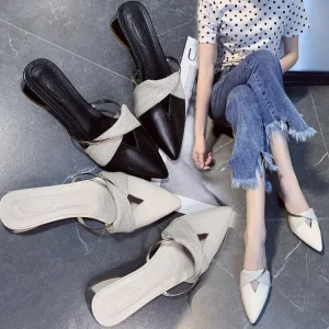 Summer Autumn Pointed Toe Women’s Shoes Solid Color Chunky Low Heel Slide Sandals PU Rubber Party