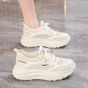 Summer Autumn Women’s Shoes Breathable Soft Hollow PU Mesh Upper Lace Up Korean Style Versatile Sneakers Casual Shoes