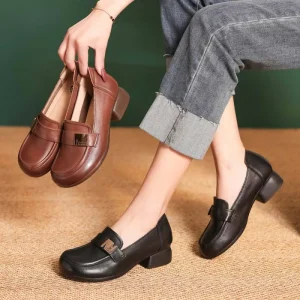 Summer British Style Women’s Pumps Thick Soled Genuine Leather Loafers Soft Sole Small Leather Shoes Chunky Heel Slip-On