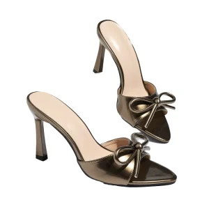 Summer Bronze Metallic High Heels Women’s Pointed Toe Bow Mules Plus Size 35-43 Dress Party Slip-On Shoes