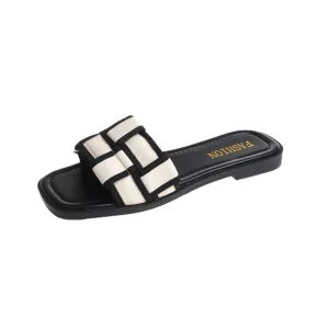 Summer Casual Square Head Color Matching Cross Steel Toe Beach Retro Fashion Large Size Mules Women