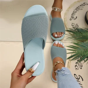Summer Collection Women’s Home Slippers Flying Woven PVC Sole Casual Beach Flat Plus Size Breathable Platform