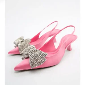 Summer Collection Women’s Sexy Rose Red Rhinestone Bow High Heels Ankle Strap Mules Anti Slip PU Insole Outdoor Sandals