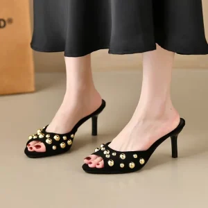 Summer Comfort Sheepskin Mid Heel Peep Toe Slippers With Bow Fashion Knit Upper & Fleece Lining
