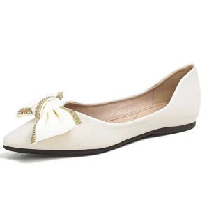 Summer Comfort Women’s Loafers Slip On Pointed Toe Flats with Rhinestone Bow PU Upper Hard Wearing Shoes in Size L